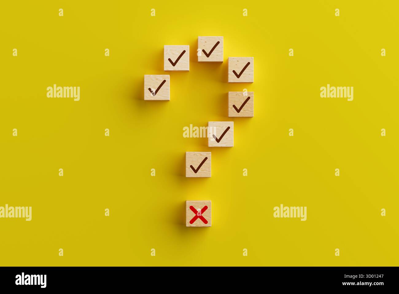 Processo decisionale e concetto di incertezza. Cubi di legno che formano un punto interrogativo con segni di spunta e croce rossa su sfondo giallo. Rendering 3d. Foto Stock