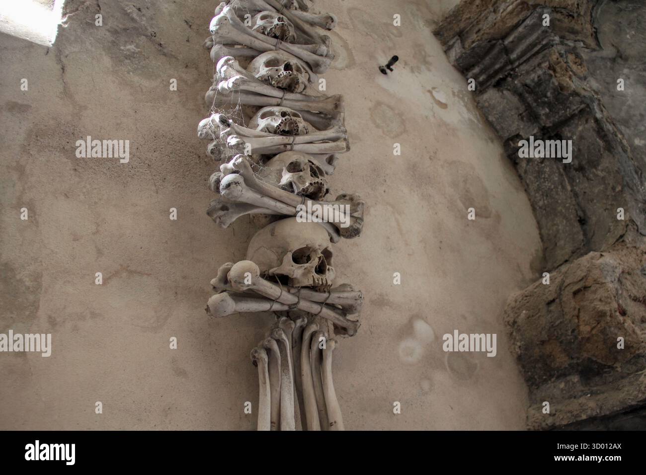 KUTNA HORA, CECO - 28 APRILE 2012: I teschi con ossa sono uno dei frammenti della tomba della cattedrale, conosciuta come Kostnice Sedlec. Foto Stock