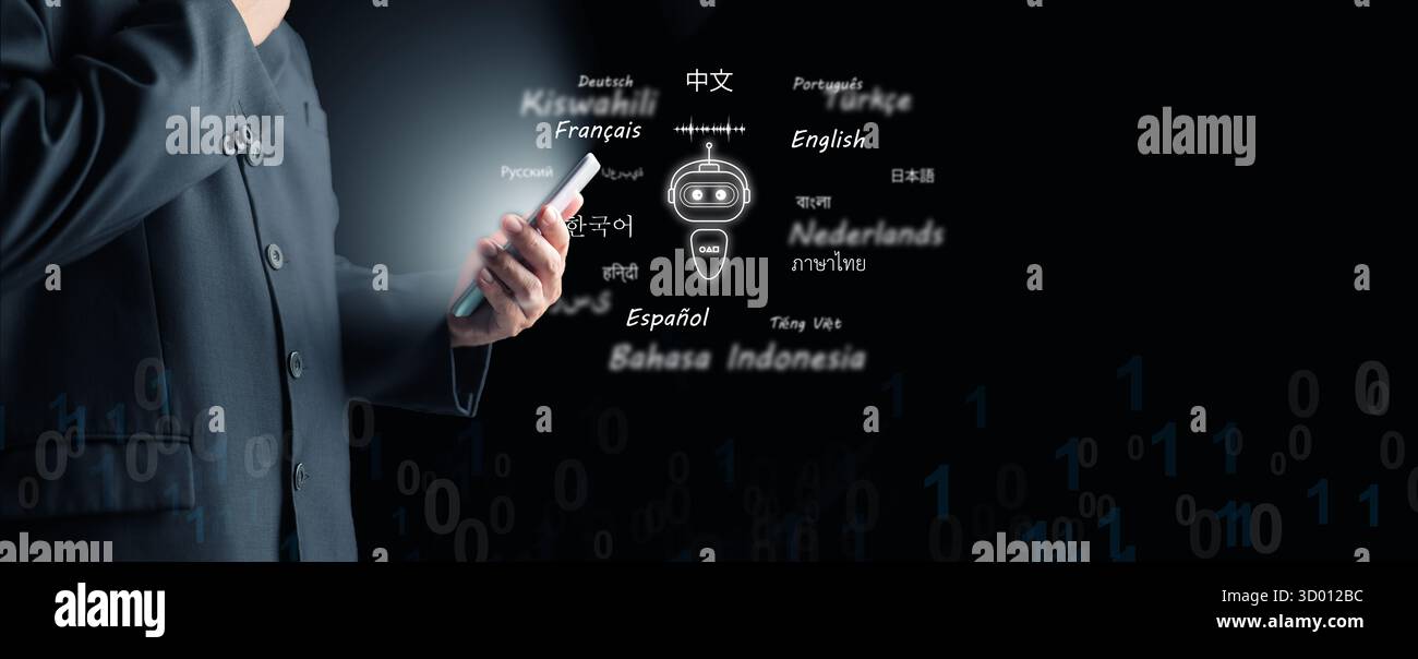 Interfaccia chatbot per traduttori di lingue AI con linguaggi olografici e codice binario, tecnologia di traduzione, intelligenza artificiale e mondo Foto Stock