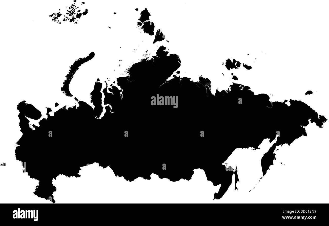 Mappa di sagoma vettoriale nera modificabile della Russia, il paese più grande del mondo, che mostra la sua vasta estensione in Europa orientale e Asia settentrionale. Illustrazione Vettoriale