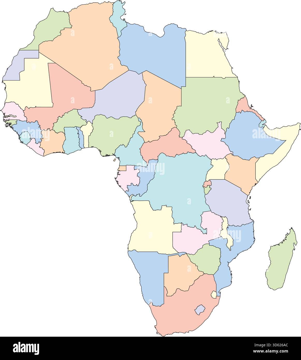 File vettoriale modificabile del continente africano, completo di paesi in colori diversi. Illustrazione Vettoriale