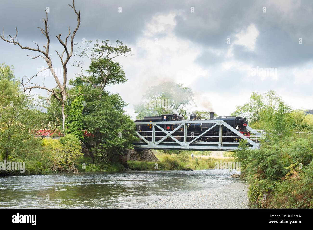 Treno a vapore che porta carrozze sopra un ponte sull'Afon Glaslyn, Welsh Highland Railway NG16 sotto Beddgelert, sul ponte sul fiume Foto Stock