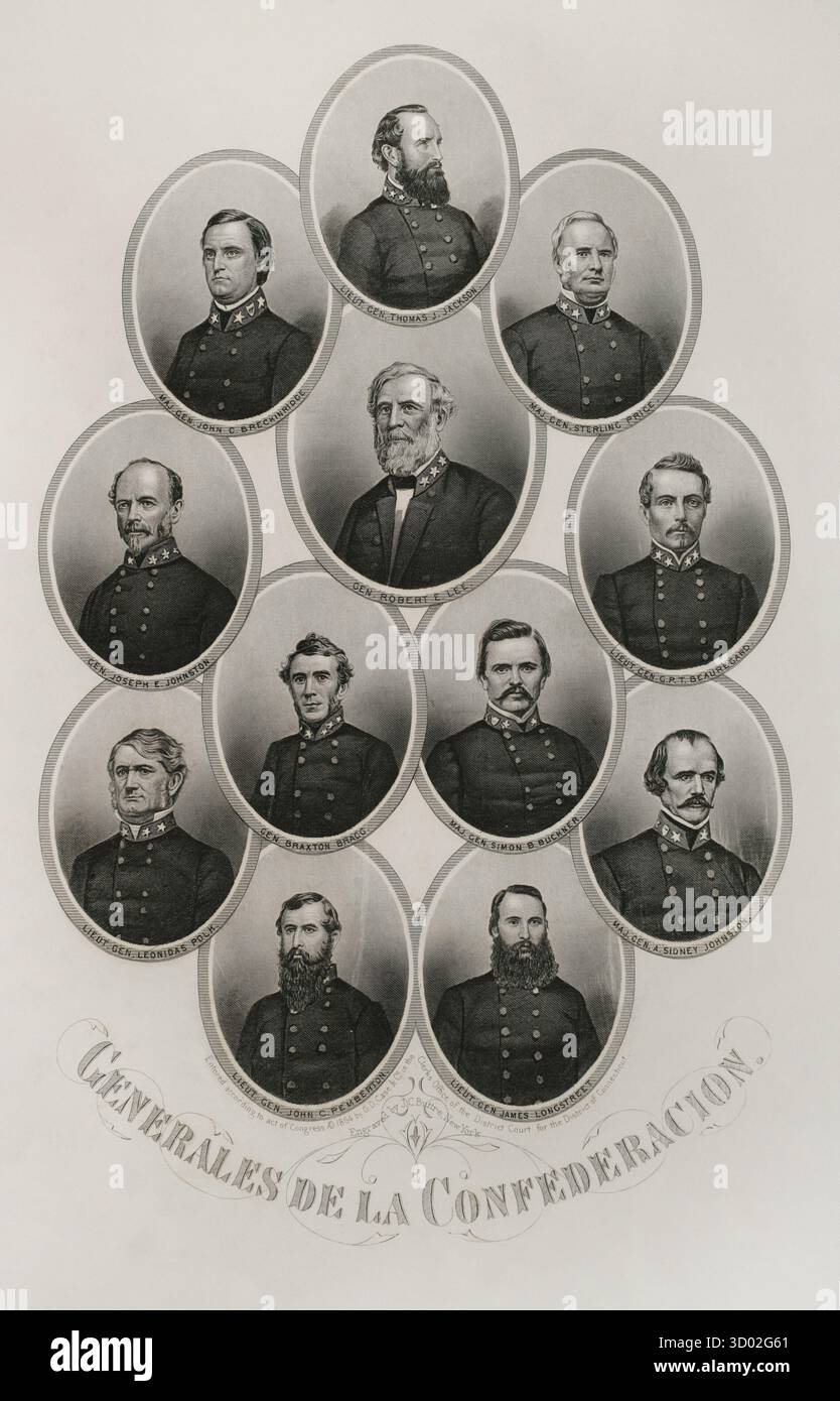 Stati Uniti. Guerra civile americana (1861-1865). Generali confederati della guerra civile. Dall'alto verso il basso e da sinistra a destra: Tenente generale Thomas J. Jackson (1824-1863), maggior generale John C. Breckinridge (1821-1875), maggior generale Sterling Price (1809-1867), generale Joseph E. Johnston (1807-1891), generale Robert E. Lee (1807-1870), tenente generale P.G.T. Beauregard (1818-1893), tenente generale Leonidas Polk (1806-1864), generale Braxton Bragg (1817-1876), maggiore generale John Johnston (1803-1862), maggiore generale Pemston, generale P.B. Johnston (1914-1823), maggior generale P.B. Sidney Pemney General (), maggiore generale Pemney General () Foto Stock