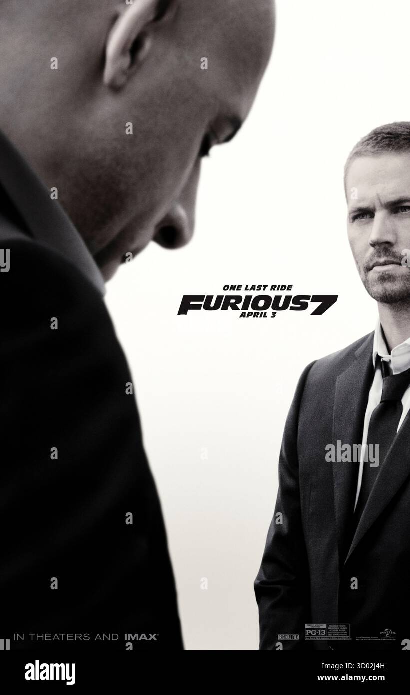 Fast & Furious 7 (2015) diretto da James Wan e interpretato da Vin Diesel, Paul Walker e Dwayne Johnson. Dominic Toretto e il suo equipaggio corrono in tutto il mondo per proteggere la famiglia e cercare vendetta contro un avversario mortale. SOLO PER L'USO EDITORIALE del poster STATUNITENSE. Crediti: BFA / Universal Pictures Foto Stock
