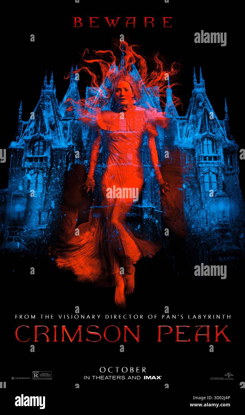 Crimson Peak (2015) diretto da Guillermo del Toro e interpretato da mia Wasikowska, Tom Hiddleston e Jessica Chastain. Una giovane donna scopre segreti oscuri che si nascondono nella dimora gotica infestata dal marito. SOLO PER L'USO EDITORIALE del poster STATUNITENSE. Crediti: BFA / Universal Pictures Foto Stock