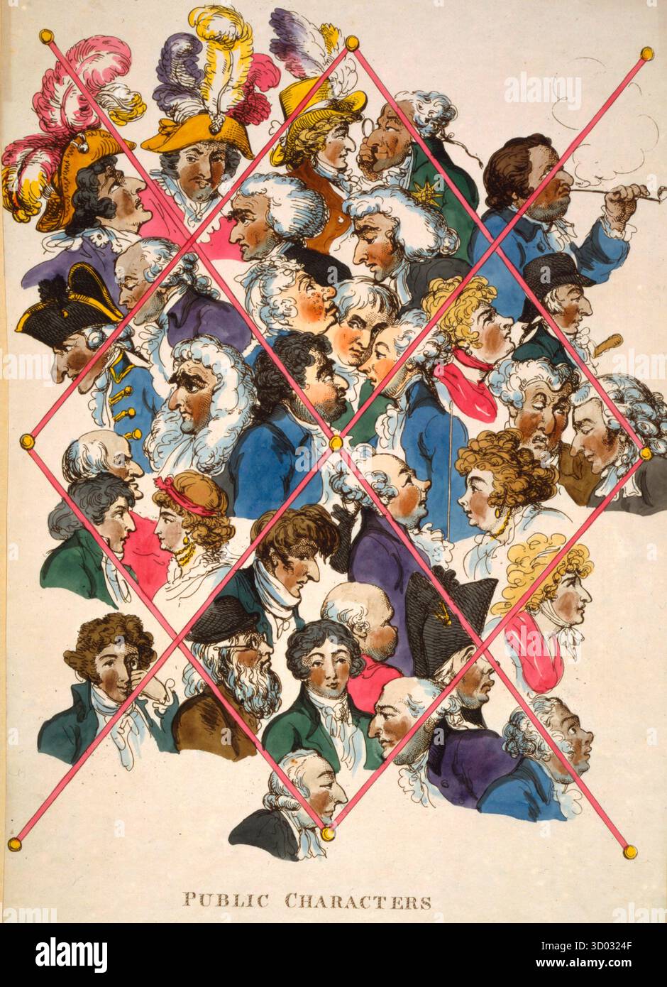 Personaggi pubblici teste di persone famose, disposte in un medley, poste dietro linee che si intersecano diagonalmente, simulando nastri incrociati formando un rack per carte o lettere. Al centro ci sono Fox e Pitt l'uno di fronte all'altro. Tra di loro, Tierney guarda con un'espressione accorta. Tra gli altri vi sono Richard Sheridan, Burdett, George Grenville, Sarah Siddons, George Hanger, John Kemble, Lady Archer, Queensberry, Lord Hood, Van Butchell, Derby, Lord Moira, ecc.. Cartone animato politico, 1801 Foto Stock