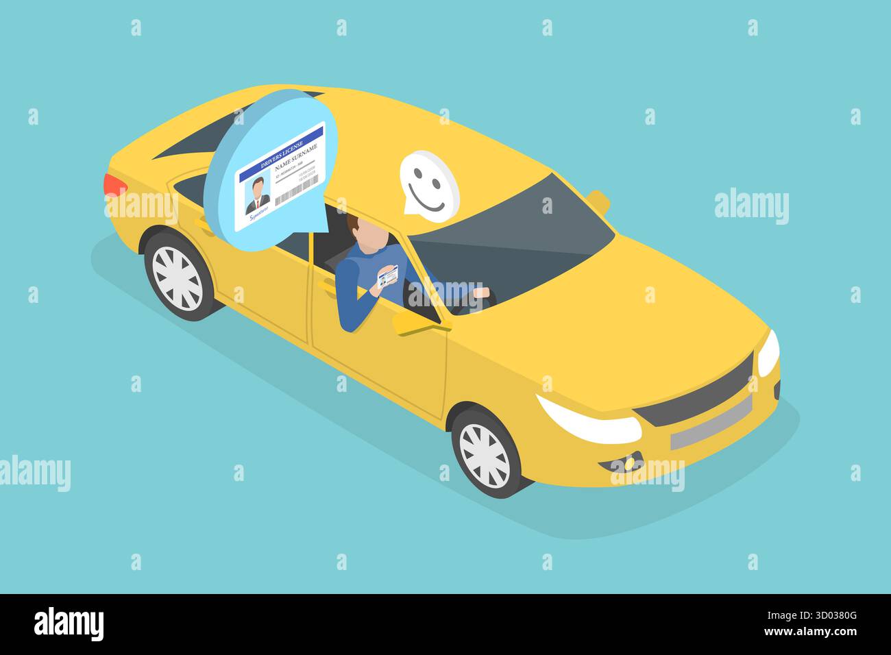 Illustrazione piatta isometrica 3D del superamento dell'esame del conducente, della patente di guida per auto illustrazione piatta isometrica 3D del superamento dell'esame del conducente, della patente di guida per auto Foto Stock