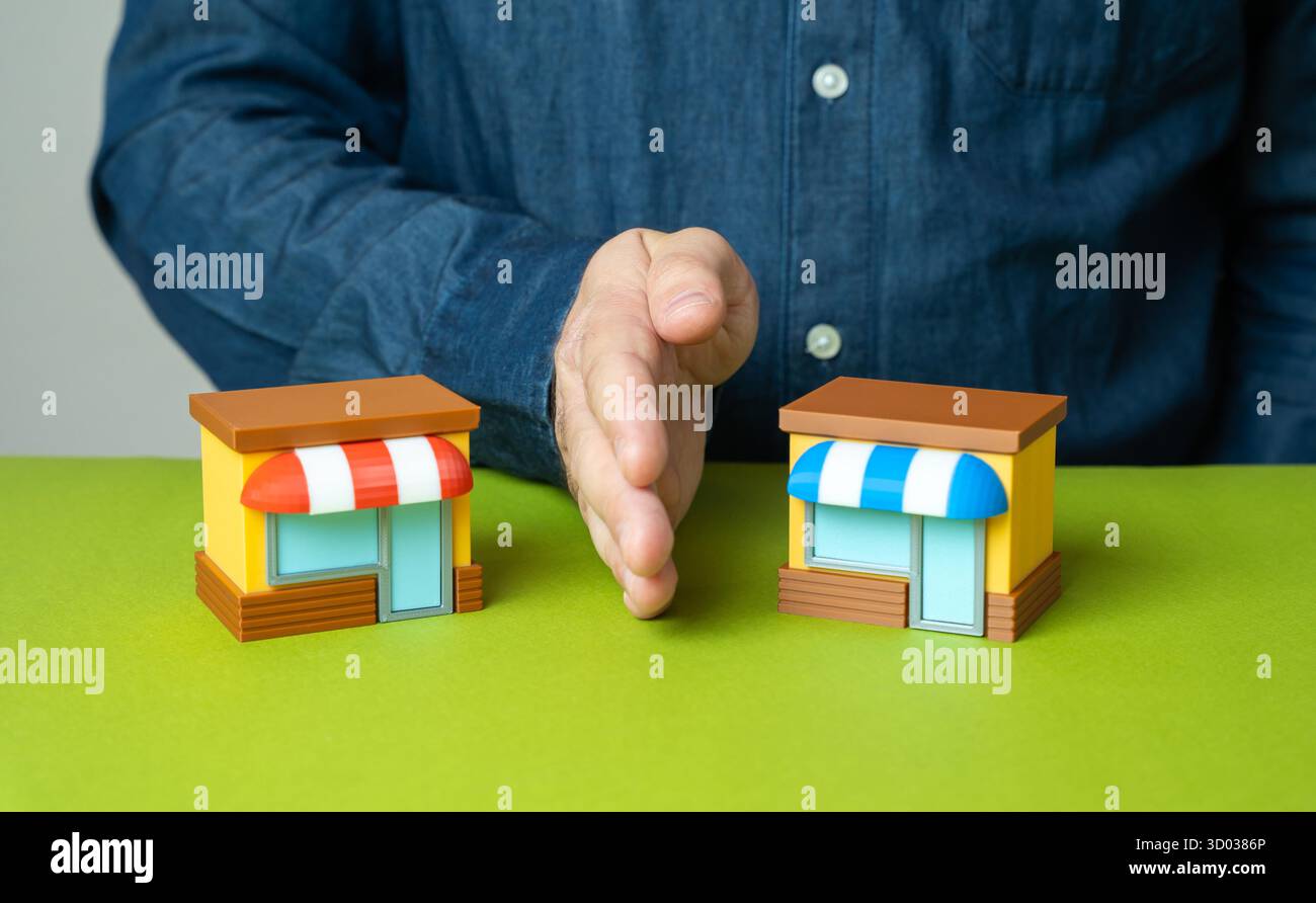 Fermare la concorrenza aziendale aggressiva. regolamentazione del mercato, leggi antitrust, commercio equo, prevenzione del monopolio, giustizia economica Foto Stock