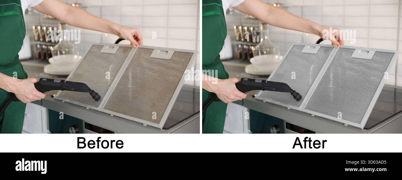 Donna che pulisce il filtro a rete della cappa di gamma in cucina, primo piano. Prima e dopo il collage Foto Stock
