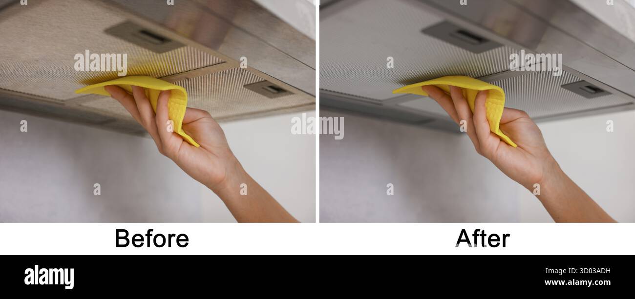 Uomo filtro a rete per pulizia cappa gamma in cucina, primo piano. Prima e dopo il collage Foto Stock