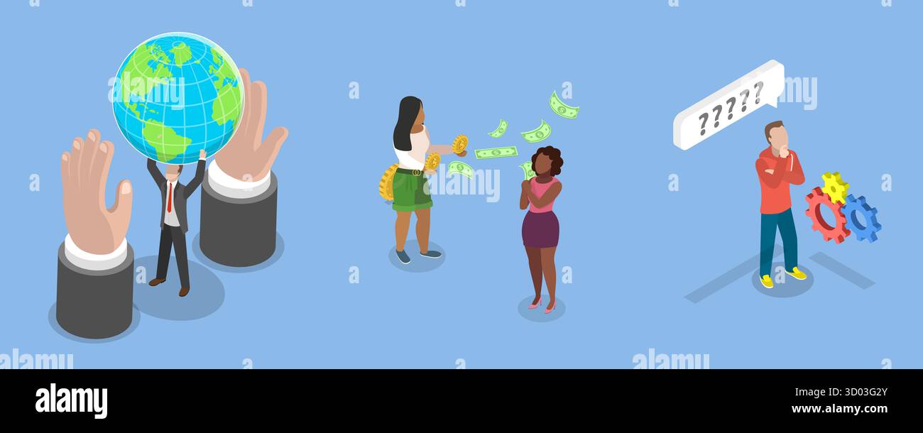 Illustrazione piatta isometrica 3D di carità e donazione, gentilezza e generosità Foto Stock