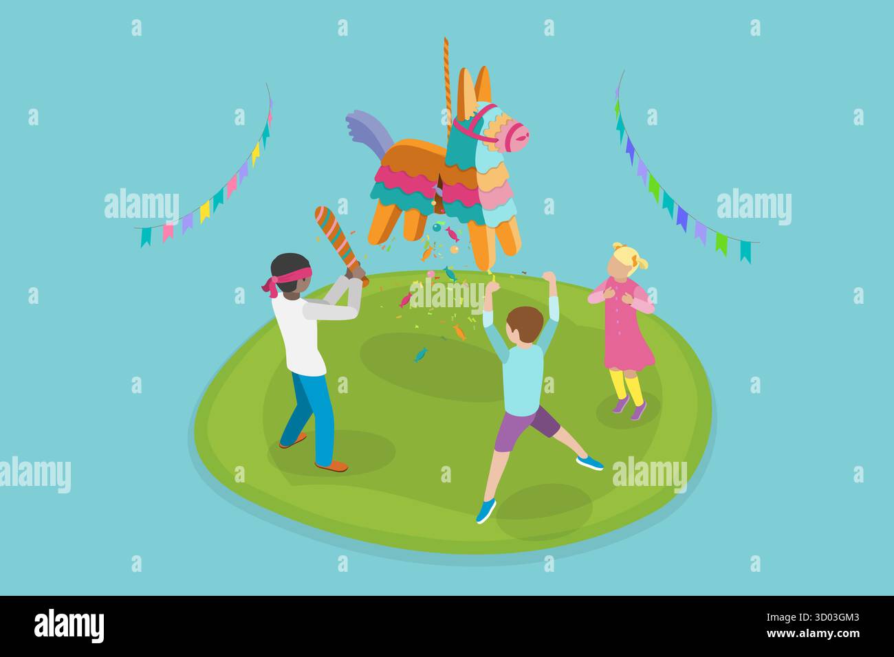 Illustrazione piatta isometrica 3D di Pinata messicana, celebrazione di compleanno tradizione illustrazione piatta isometrica 3D di Pinata messicana, celebrazione di compleanno tradizione Foto Stock