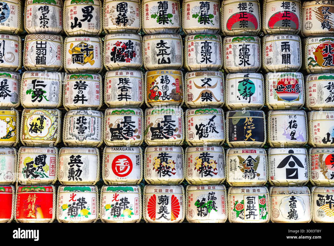File di botti decorative di sake kazaridaru che fiancheggiano un muro in un santuario in giappone Foto Stock
