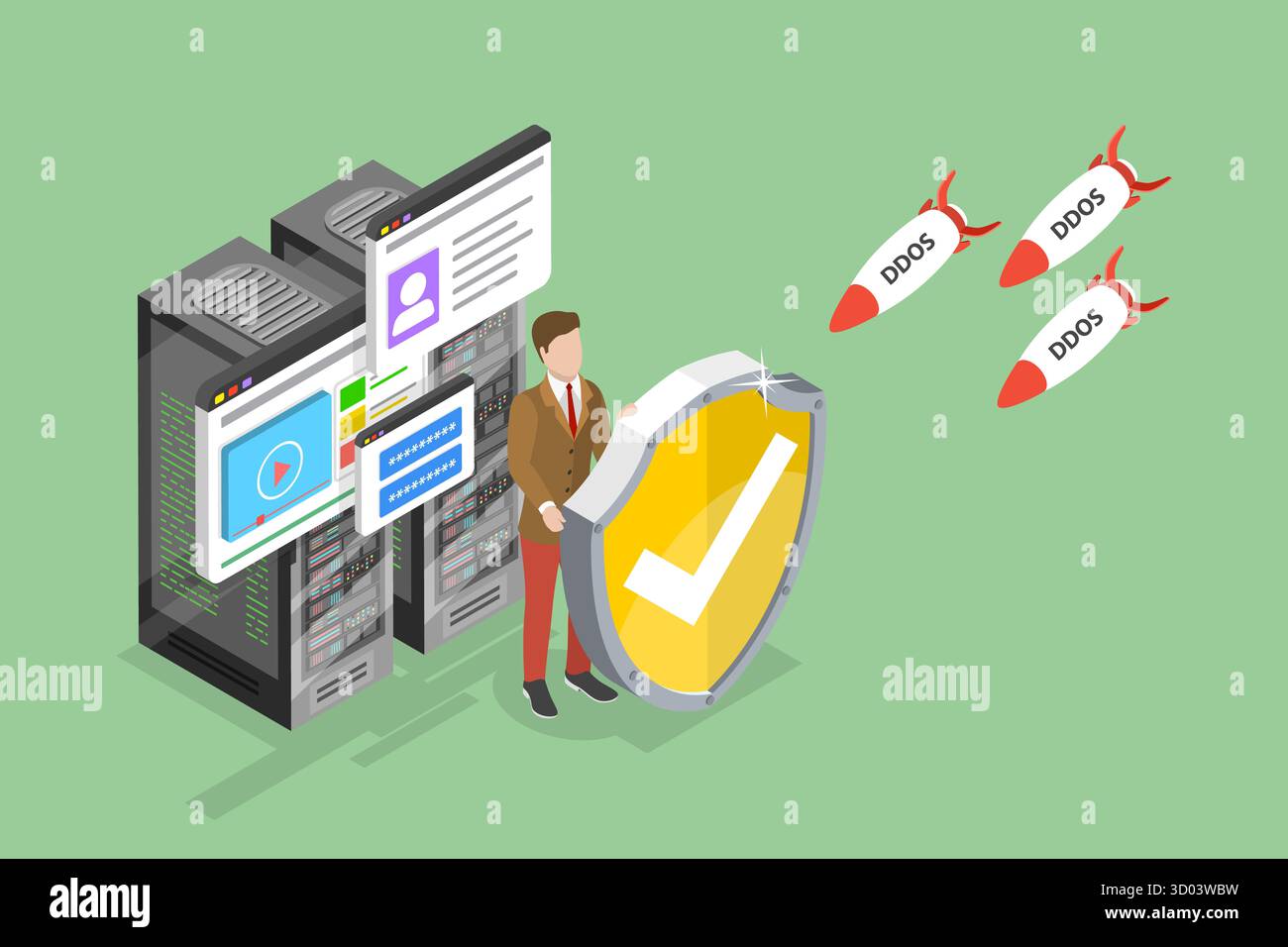 Illustrazione concettuale piatta isometrica 3D di attacchi DDoS, attacchi di hacker al server o al database Foto Stock