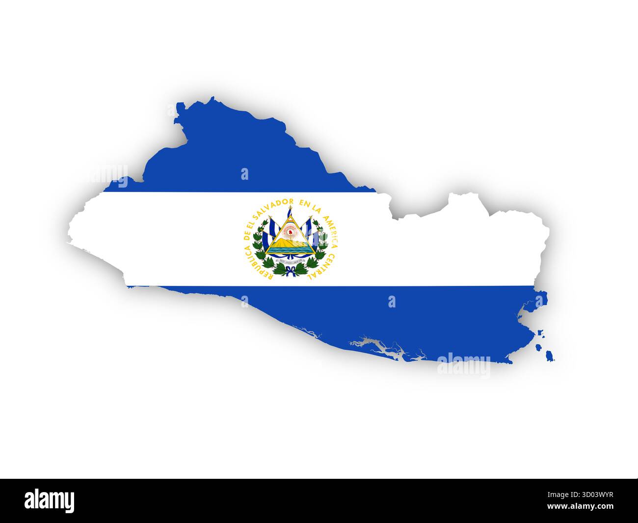 Bandiera di El Salvador a forma di paese su sfondo bianco. Elementi di questa immagine forniti dall'ESA. Foto Stock