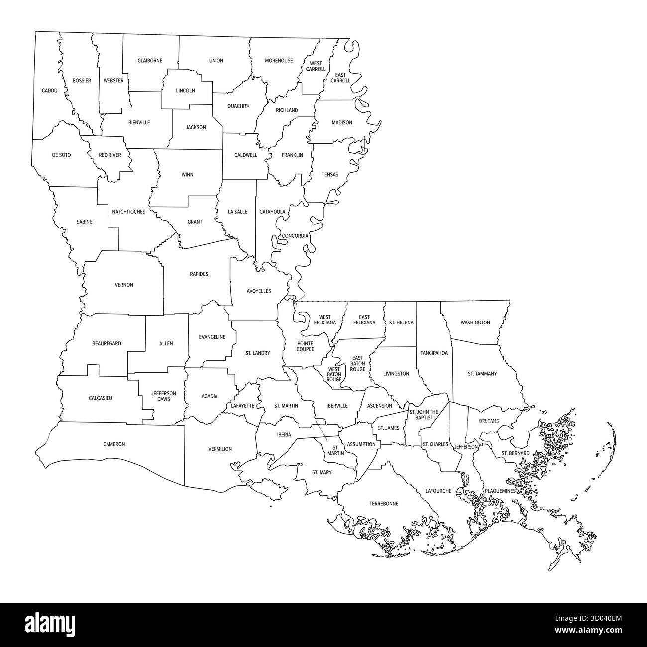 Stato della Louisiana, suddiviso in 64 parrocchie, delineare la mappa. Stato nelle regioni del profondo Sud e Centro-Sud degli Stati Uniti. Foto Stock