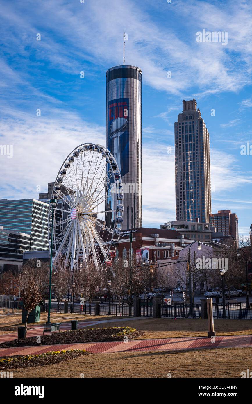 Atlanta, GA USA - 22 gennaio 2019: Costruito per le Olimpiadi estive del 1996, il Centennial Olympic Park nel centro di Atlanta è un parco pubblico di 22 acri. Foto Stock