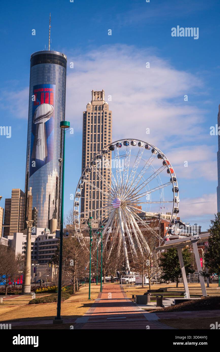 Atlanta, GA USA - 22 gennaio 2019: Costruito per le Olimpiadi estive del 1996, il Centennial Olympic Park nel centro di Atlanta è un parco pubblico di 22 acri. Foto Stock
