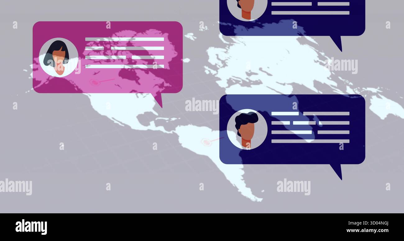Visualizzazione di tre bolle di chat con avatar, righe di testo sulla mappa globale della griglia che mostrano i messaggi globali Foto Stock