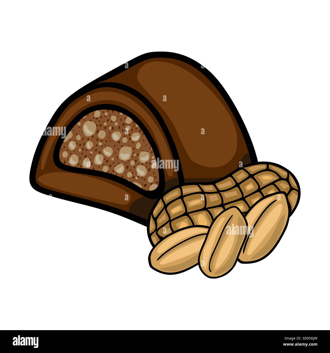 Una deliziosa illustrazione vettoriale di una barretta di caramelle al cioccolato con croccante ripieno di arachidi, accompagnata da arachidi intere nei gusci e. Illustrazione Vettoriale