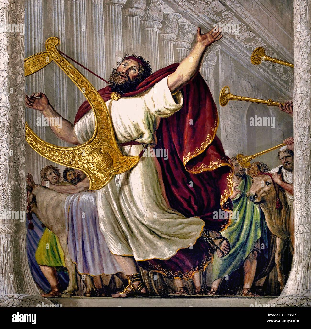 David in camera dell'Arca a Palazzo Pitti Firenze Italia da Giovanni Battista Caracciolo (Battistello) 1578-1635 del xvii secolo . Nel 1816, il soffitto è stato affrescato da Luigi Ademollo 1764 - 1849 con Noè David entrando in camera Gerusalemme con l'arca. (L'arca del patto - Arca della Testimonianza ) è un oro-coperto cassa di legno con coperchio descritto nel libro dell Esodo come contenente le due tavolette di pietra dei Dieci Comandamenti. Foto Stock