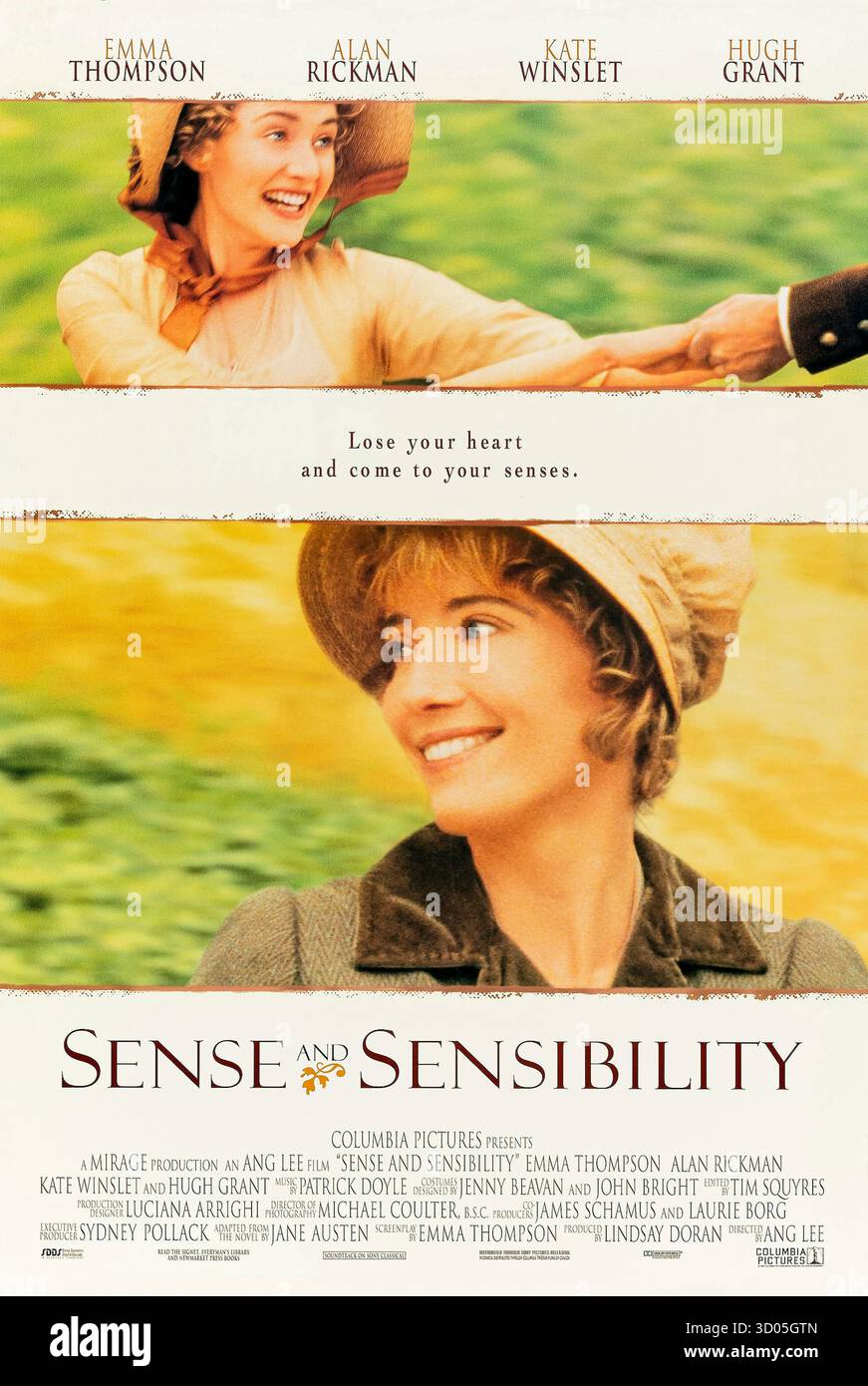 SENSE and Sensibility (1995) diretto da Ang Lee e interpretato da Emma Thompson, Kate Winslet e Hugh Grant. Le sorelle Elinor e Marianne Dashwood devono affrontare l'amore e le difficoltà dopo aver perso la fortuna della loro famiglia. Fotografia di un poster originale del 1995 USA a un foglio SOLO PER USO EDITORIALE. Crediti: BFA / Columbia Pictures Foto Stock