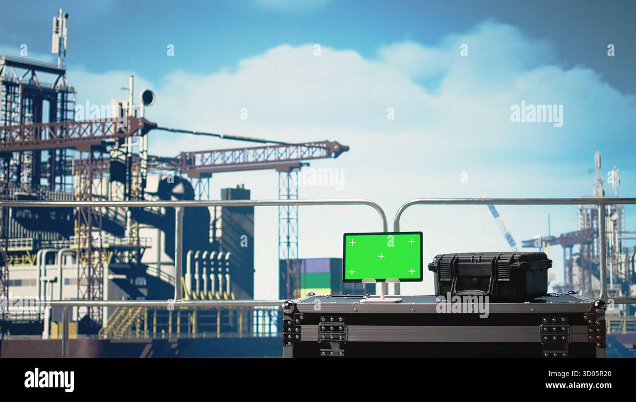 Tablet dimostrativo con schermo verde sulle prestazioni delle operazioni di monitoraggio delle navi del carro di perforazione. Dispositivo chiave Chroma sul ponte piattaforma offshore con applicazione utilizzata per controllare i sistemi in remoto, panning shot Foto Stock