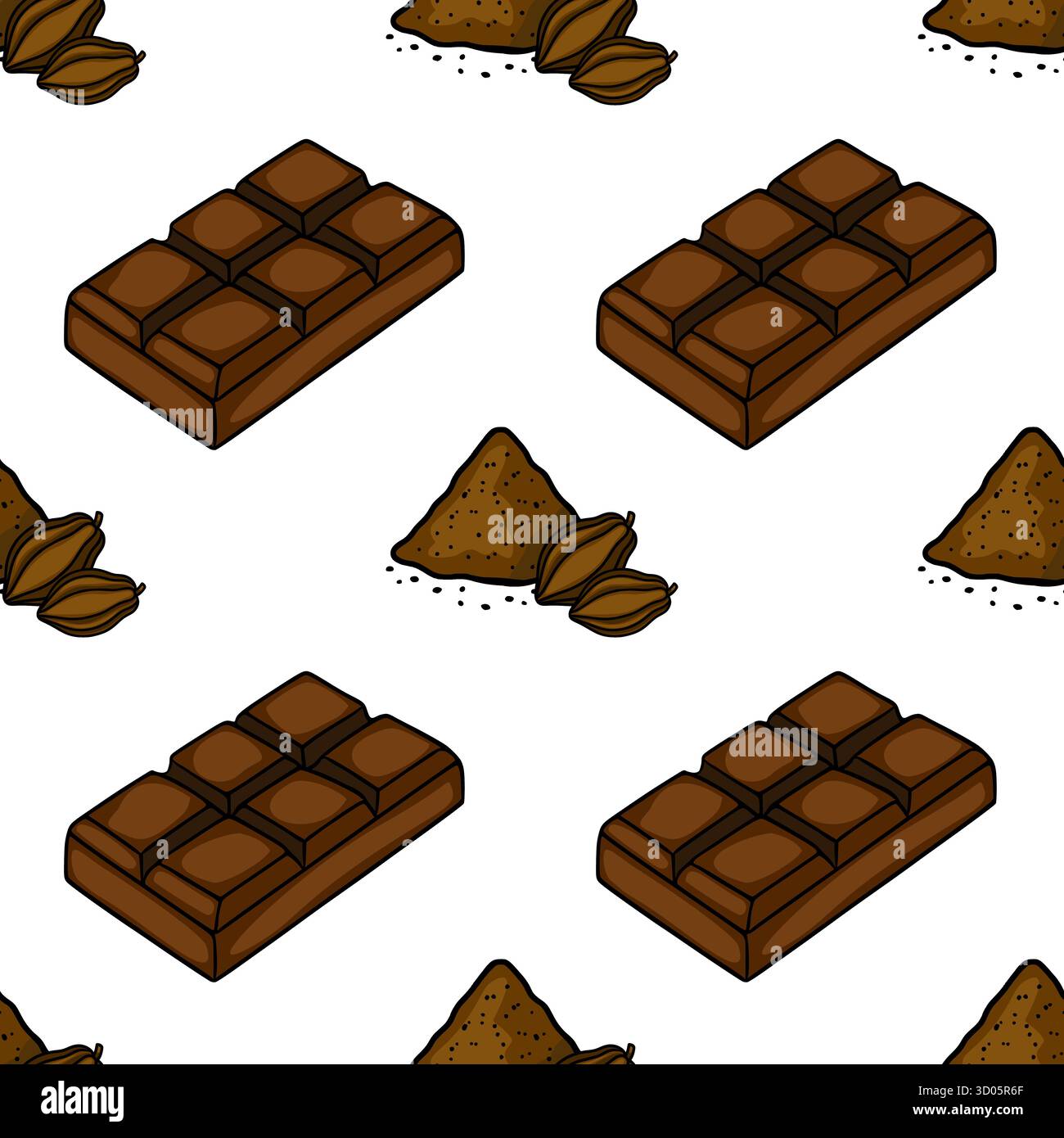 Motivo isometrico vettoriale senza cuciture con ricche barrette di cioccolato fondente e fagioli di cacao in polvere. Illustrazione Vettoriale