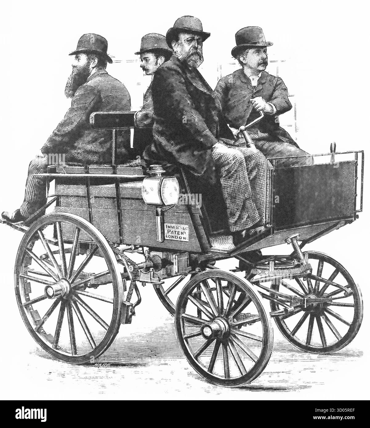 1888 carrozza elettrica con quattro uomini a cavallo Foto Stock