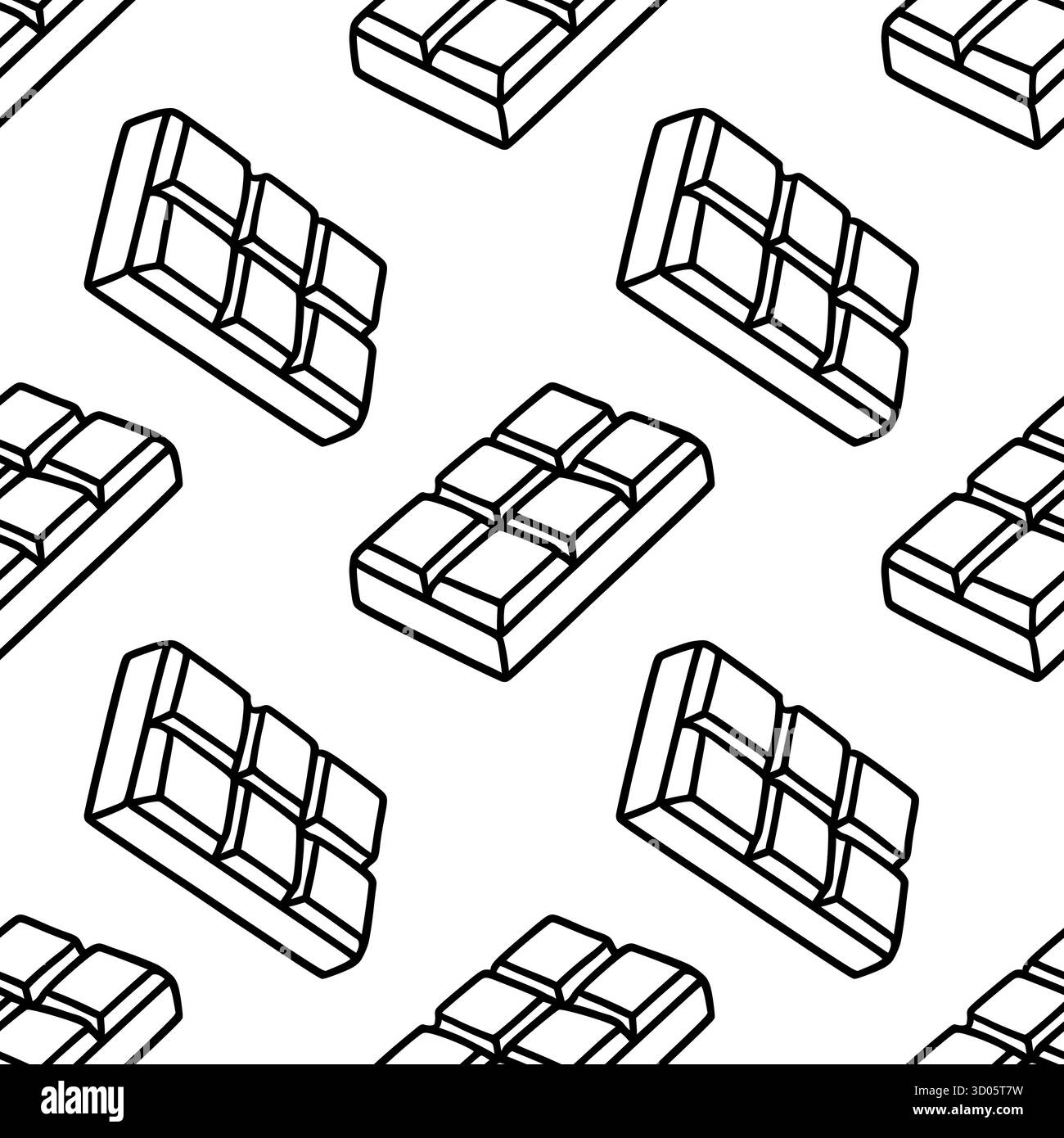 Un motivo vettoriale minimalista con barrette isometriche di cioccolato con audaci contorni neri su uno sfondo bianco pulito, perfetto per la pasticceria Illustrazione Vettoriale