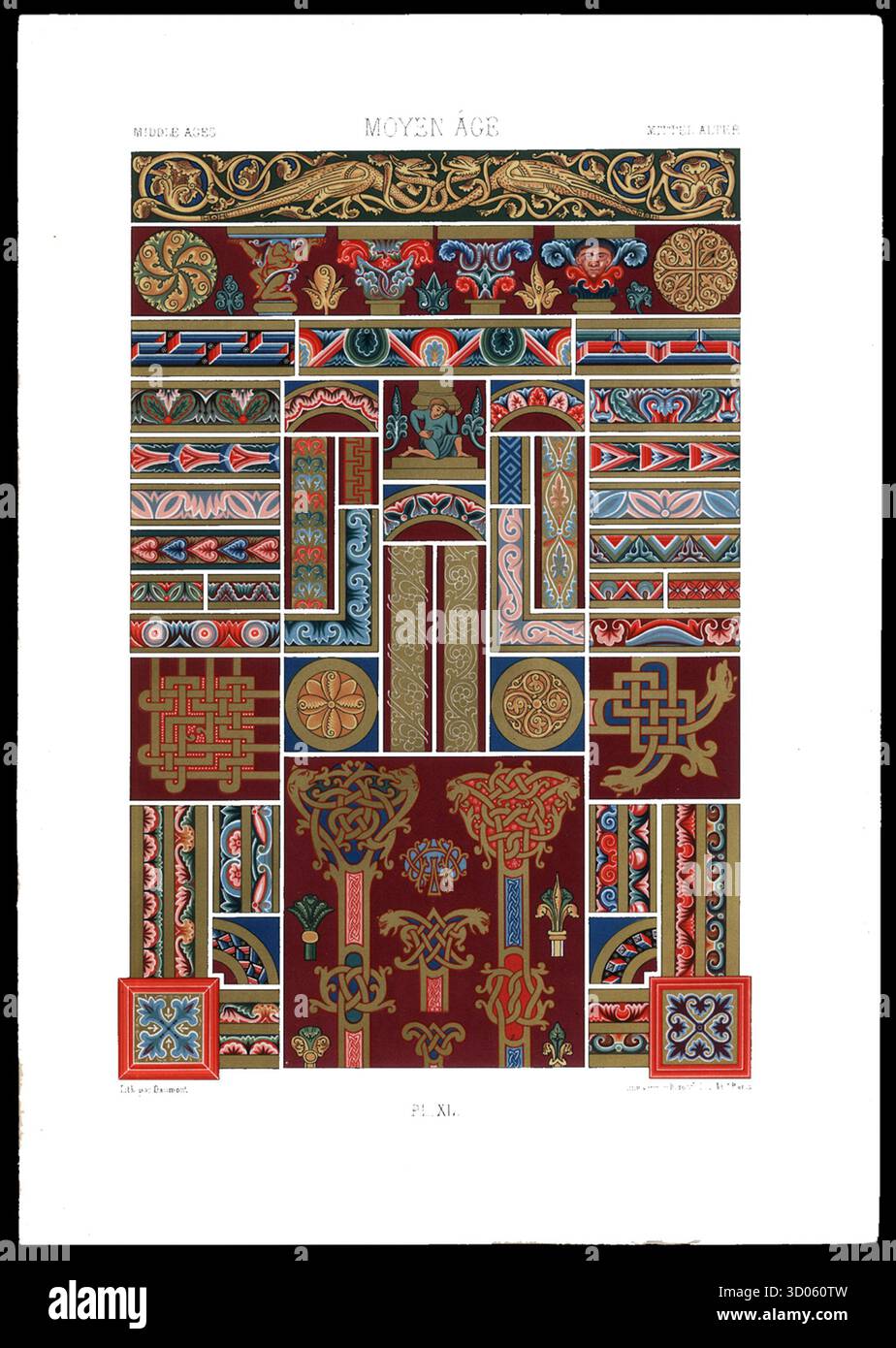 Disegni ornamentali medievali di l'Ornement Polychrome di Auguste Racinet, Plate XL, che mostrano elaborati intrecci, scrollwork e motivi architettonici in oro, blu, rosso e verde su un profondo sfondo cremisi. Parigi, edizione inglese del 1877. Foto Stock