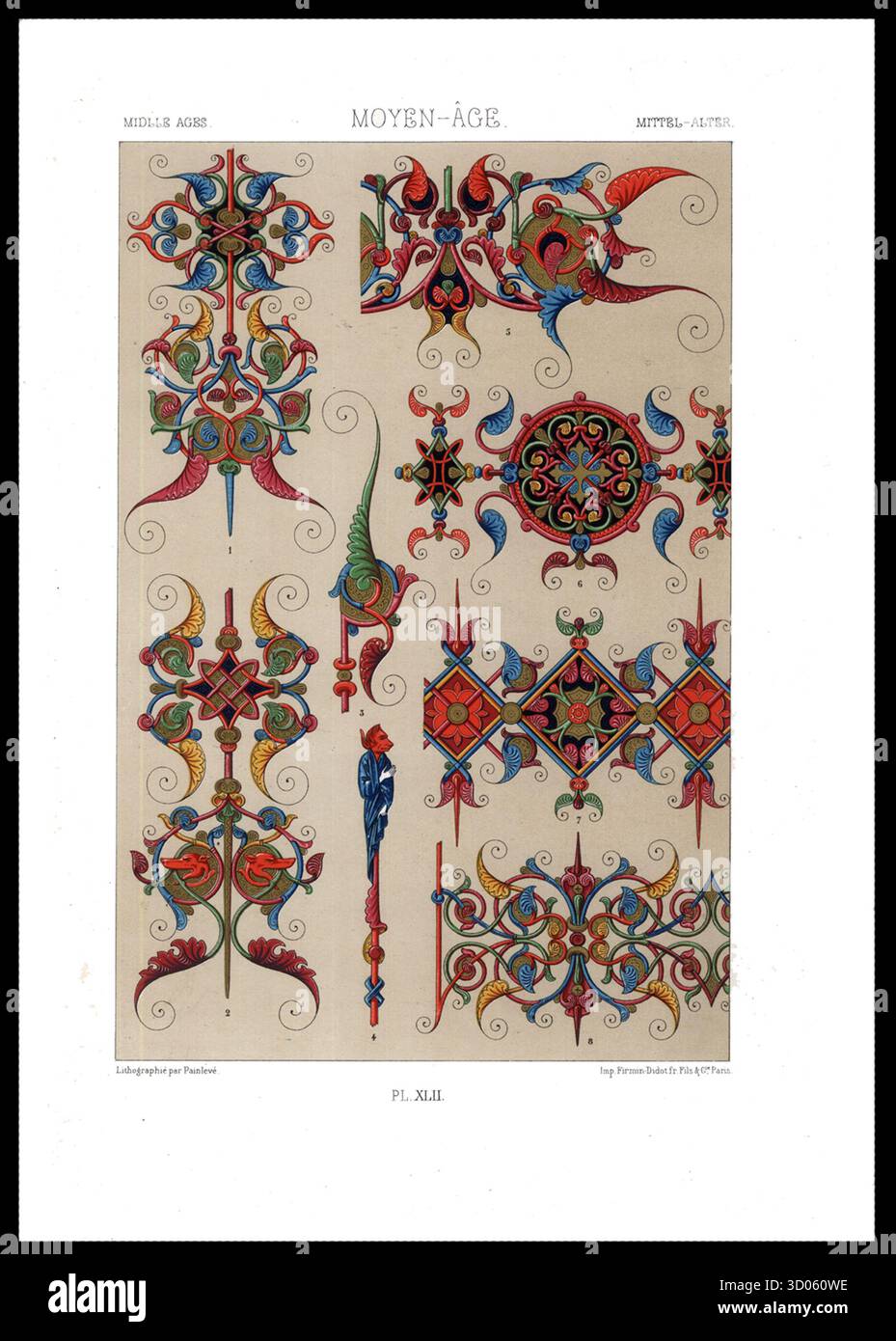Motivi ornamentali medievali da l'Ornement Polychrome di Auguste Racinet, Plate XLII, caratterizzati da intricate scrollwork, motivi geometrici e figure stilizzate in rosso, blu e oro vividi. Parigi, edizione inglese del 1877. Foto Stock
