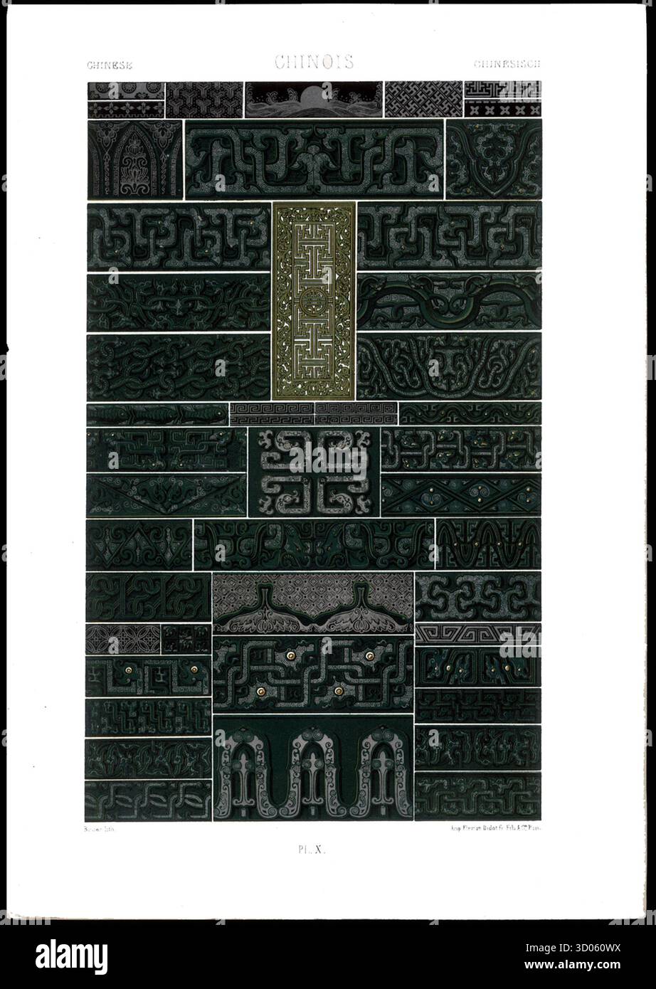 Motivi ornamentali cinesi da l'Ornement Polychrome di Auguste Racinet, piatto X, che mostrano intricati disegni verdi giada e motivi simbolici ispirati all'antica arte cinese. Parigi, edizione inglese del 1877. Foto Stock