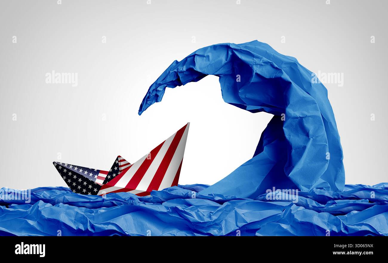 Concetto di crisi DEGLI STATI UNITI e emergenza finanziaria americana o tempesta economica degli Stati Uniti come un'onda gigante che rappresenta il rischio e il pericolo del mercato azionario. Foto Stock