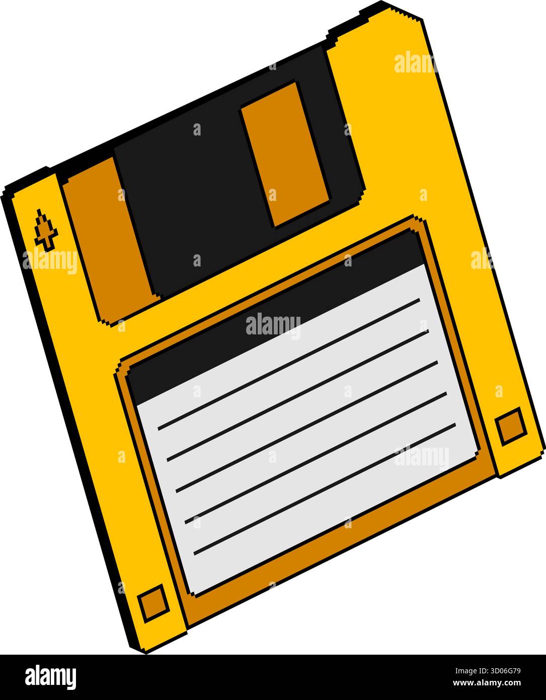 Disco floppy giallo in stile pixel art con effetto 3D. Archiviazione di computer retrò. Illustrazione vettoriale. Illustrazione Vettoriale