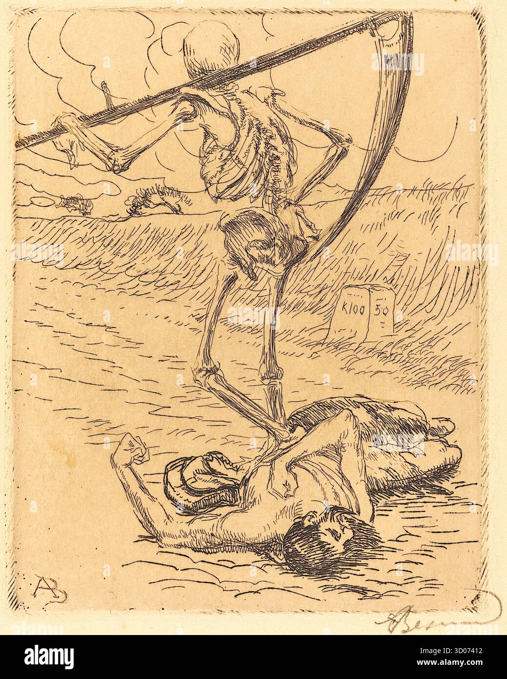 Albert Besnaard - indifferente - 1900 - l'opera è un'allegoria che mostra una figura scheletrica che rappresenta la morte, con una grande falce, in piedi su un uomo caduto e muscoloso. L'uomo giace a terra con il pugno stretto, mentre la morte si erge sopra di lui, apparentemente in un campo o in un paesaggio arido. Foto Stock Albert Besnaard - indifferente - 1900 - l'opera è un'allegoria che mostra una figura scheletrica che rappresenta la morte, con una grande falce, in piedi su un uomo caduto e muscoloso. L'uomo giace a terra con il pugno stretto, mentre la morte si erge sopra di lui, apparentemente in un campo o in un paesaggio arido. Foto Stock