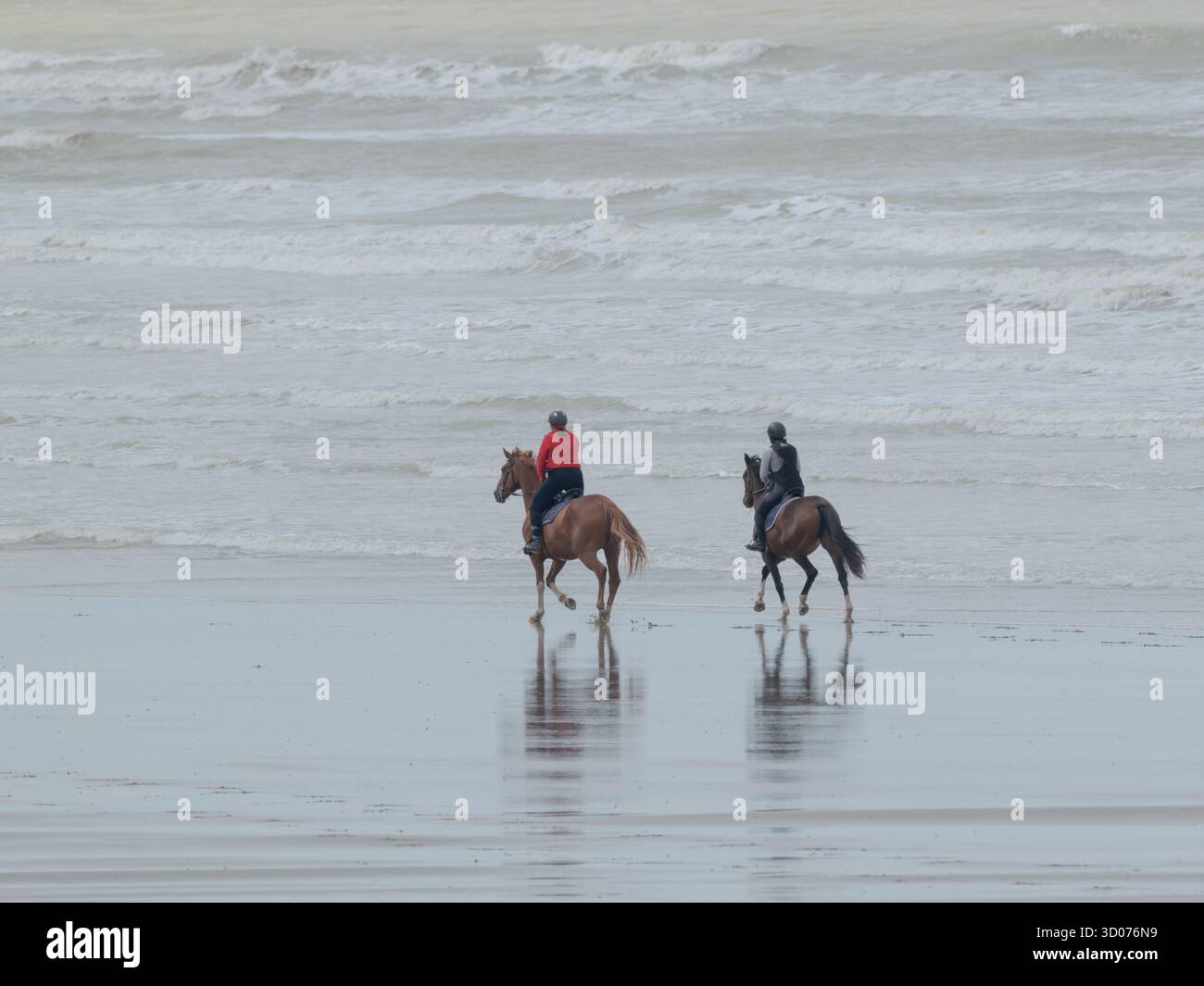 Tranquilla passeggiata a cavallo sulla spiaggia - tranquilli momenti equestri sul mare sotto un cielo nuvoloso in luce naturale Foto Stock