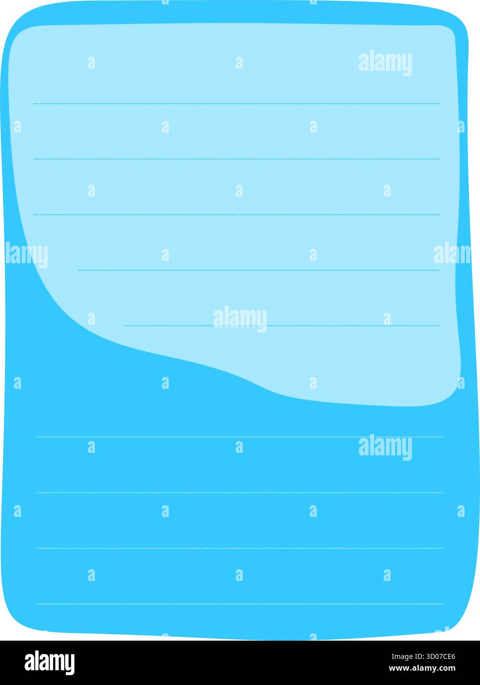 Foglio di carta verticale con linee blu e angoli arrotondati e una leggera evidenziazione su sfondo bianco. Illustrazione vettoriale minimalista di un blocco note o. Illustrazione Vettoriale