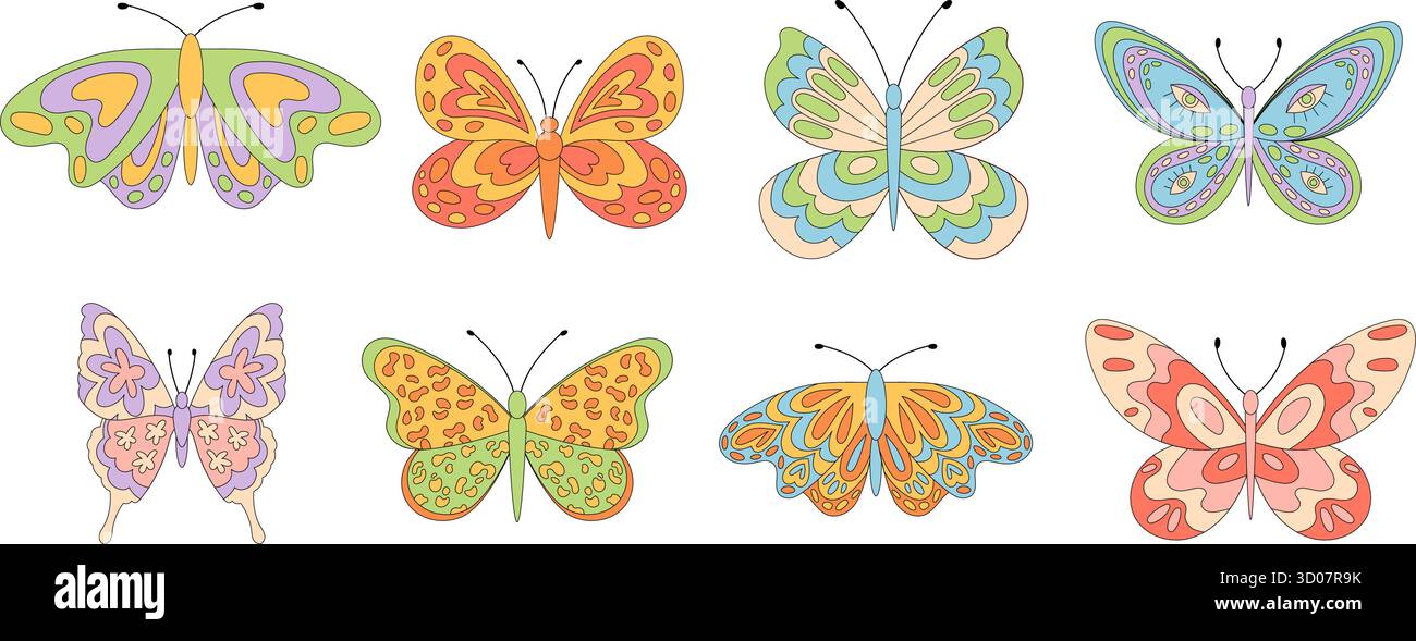 Set di farfalle retrò Groovy, colorato set Funky Collection Illustrazione Vettoriale Set di farfalle retrò Groovy, colorato set Funky Collection Illustrazione Vettoriale