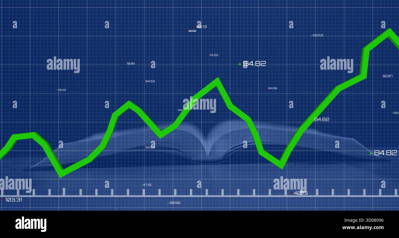 Visualizzazione di un grafico a linee verdi luminose con etichette numeriche sulla griglia Blueprint che si sovrappone alla silhouette del libro Foto Stock