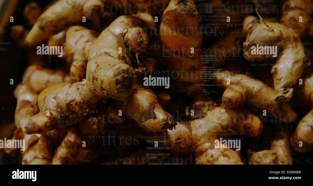 Mostra una pila di radici di zenzero fresco con una consistenza macchiata di terreno nel cestino del mercato sotto un'illuminazione calda Foto Stock