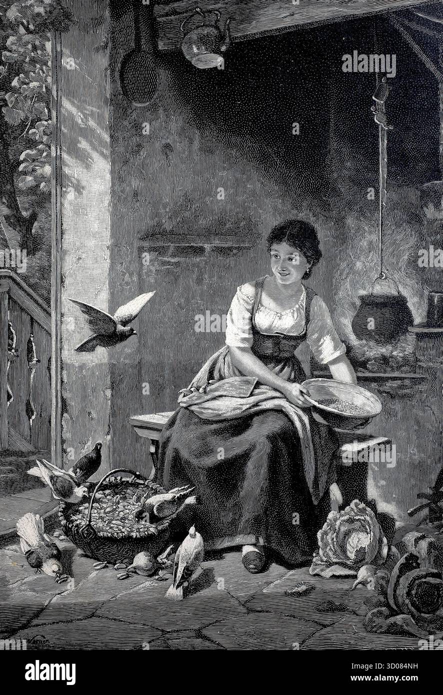 I piccioni sono ospiti in cucina e sono alimentati dalla cameriera, 1880, storica, autentica, riproduzione restaurata digitalmente da un originale del XIX secolo, data record non dichiarata Foto Stock