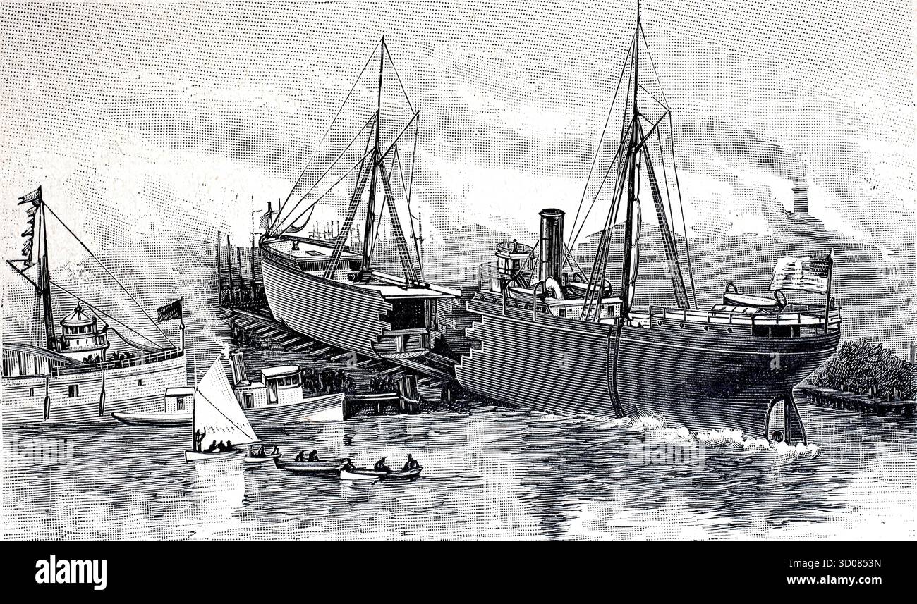 Lancio di una nave separata in due parti presso il cantiere di Buffalo sul lago Erie, 1880, America, storica, autentica, riproduzione restaurata digitalmente da un originale del XIX secolo, data record non dichiarata Foto Stock