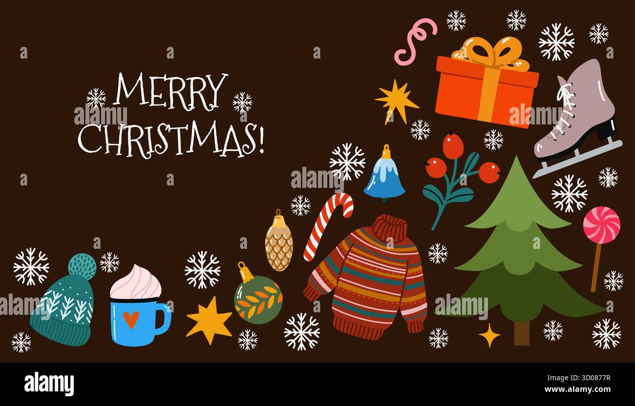 Cartolina di buon Natale disegnata a mano in stile cartoni animati piatto. Illustrazione vettoriale colorata con albero di Natale, regalo, maglione accogliente e decorazioni natalizie Illustrazione Vettoriale
