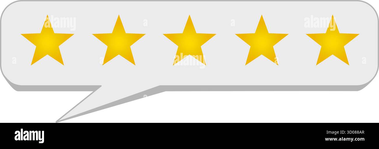 Cinque stelle dorate all'interno di un'icona di valutazione a bolla bianca orizzontale per il feedback dei clienti su sfondo bianco. Simbolo della scala di valutazione in una bolla di comunicazione per Illustrazione Vettoriale