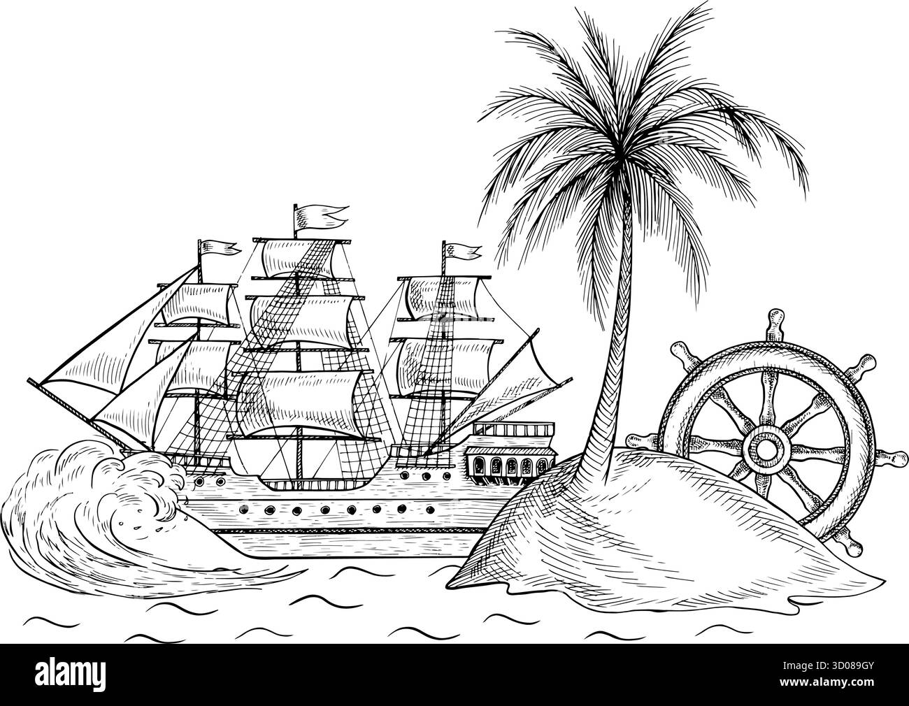 Composizione marina. Grafica in bianco e nero, illustrazioni vettoriali disegnate a mano. Palma su un'isola, timone e nave. Per giochi per bambini e. Illustrazione Vettoriale