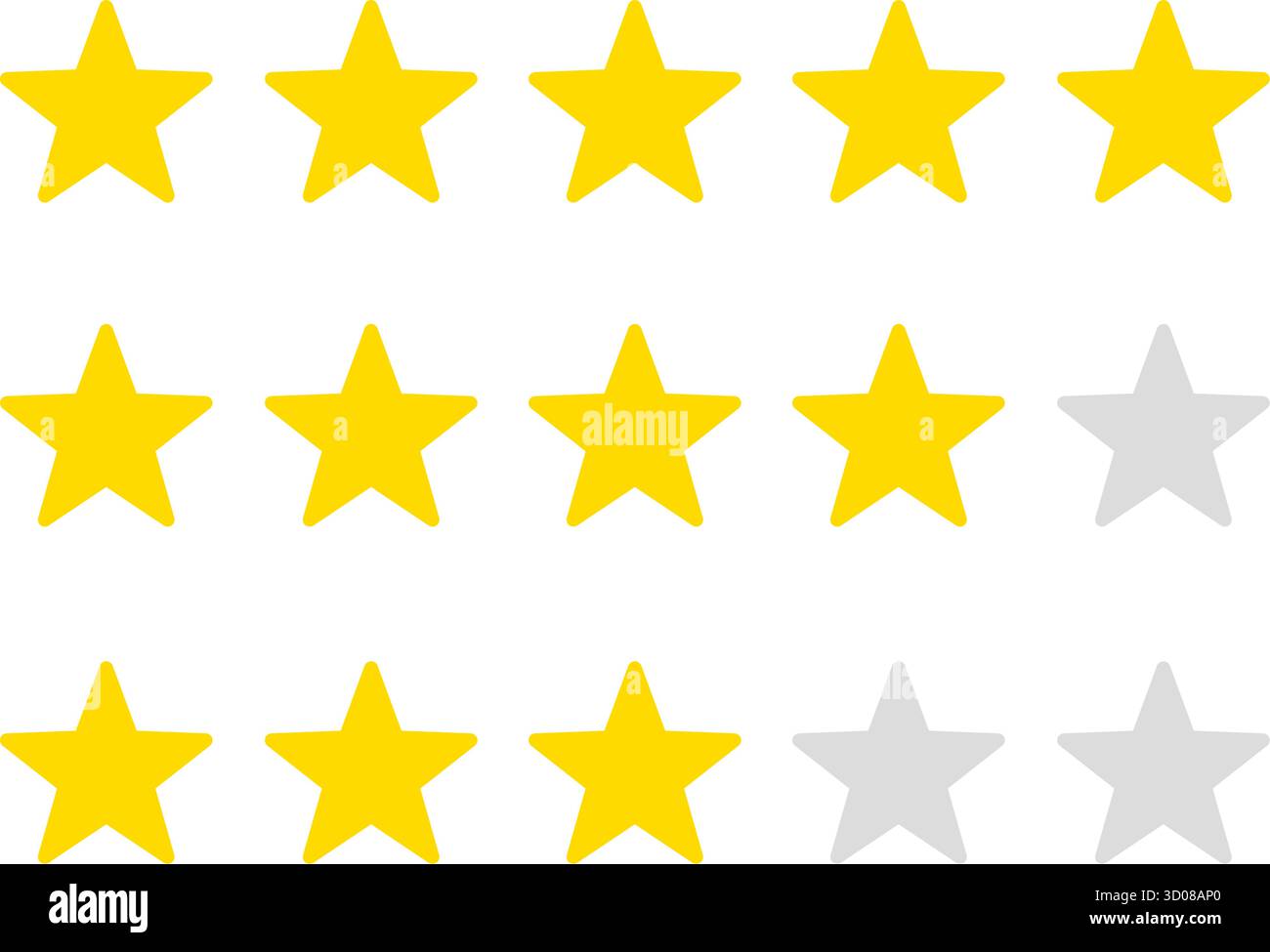 Sistema di valutazione del servizio clienti con cinque, quattro e tre stelle gialle e stelle vuote grigie su sfondo bianco. Scala di valutazione a cinque stelle Illustrazione Vettoriale