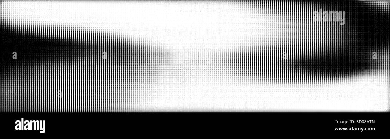 Mezzitoni grunge bg con punti sfumati e motivo sbiadito per stampe vintage o poster. Elementi circolari neri su superficie bianca con texture retrò. Stile fumetto ed effetto serigrafia. Illustrazione Vettoriale