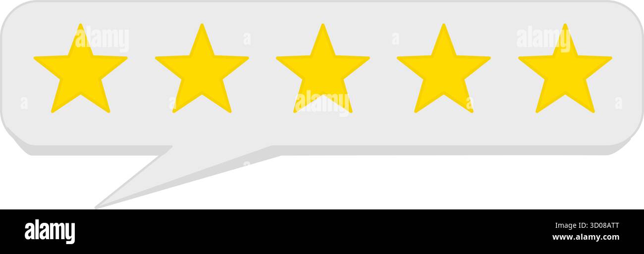 Cinque stelle dorate all'interno di un'icona di valutazione a bolla bianca orizzontale per il feedback dei clienti su sfondo bianco. Simbolo della scala di valutazione in una bolla di comunicazione per Illustrazione Vettoriale