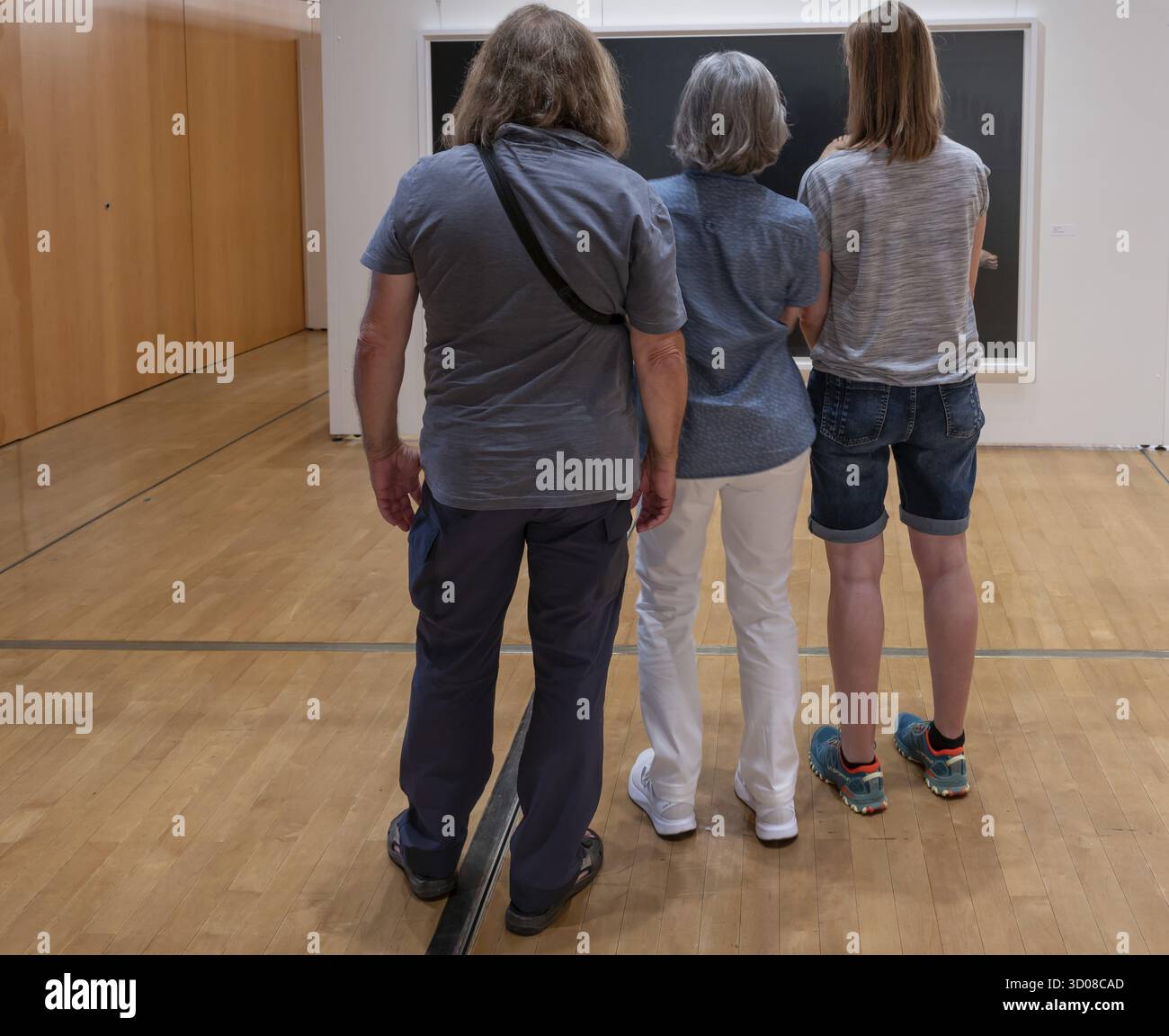 Tre visitatori guardano un dipinto in una mostra, Baviera, Germania Foto Stock